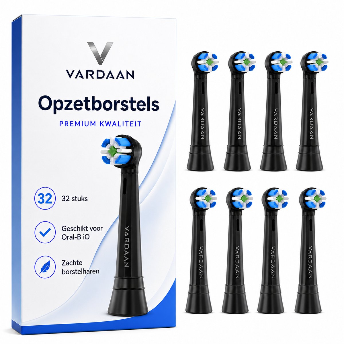 Vardaan Opzetborstels - Geschikt voor Oral-B iO Series 3 4 5 6 7 8 9 10 - Universele Elektrische Tandenborstel Opzetborstels - Tandplakverwijdering - Gezonder Tandvlees - Normale Borstelharen - Wittere Tanden - Poetskop Vervanging - Zwart - 32 Stuks