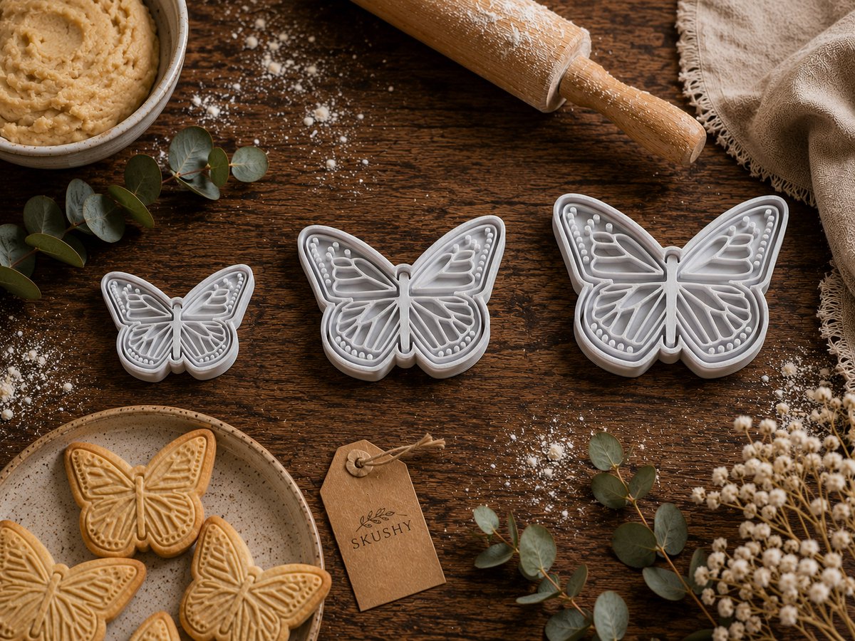 Skushy Vlinder Koekjesuitsteker – Uitsteekvorm Vlinder – Koekjesvorm Vlinder Reliëf – Fondantvorm Vlinder – Kleisnijder Vlinder – Lente Koekjesvorm – Set 3 Stuks