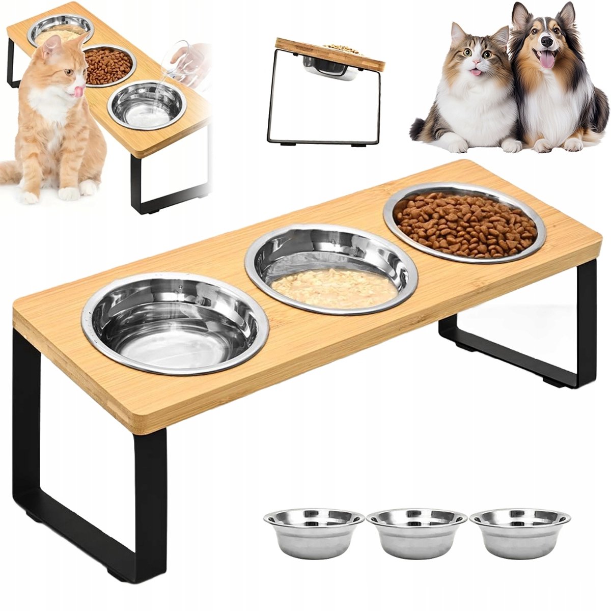 Kattenvoerbakken Met 3 Roestvrijstalen Kommen - Verhoogde Voerbak Met 15° Hellingshoek En Anti-Braakfunctie Voor Kleine Katten En Puppy's - Voerbak Met Standaard