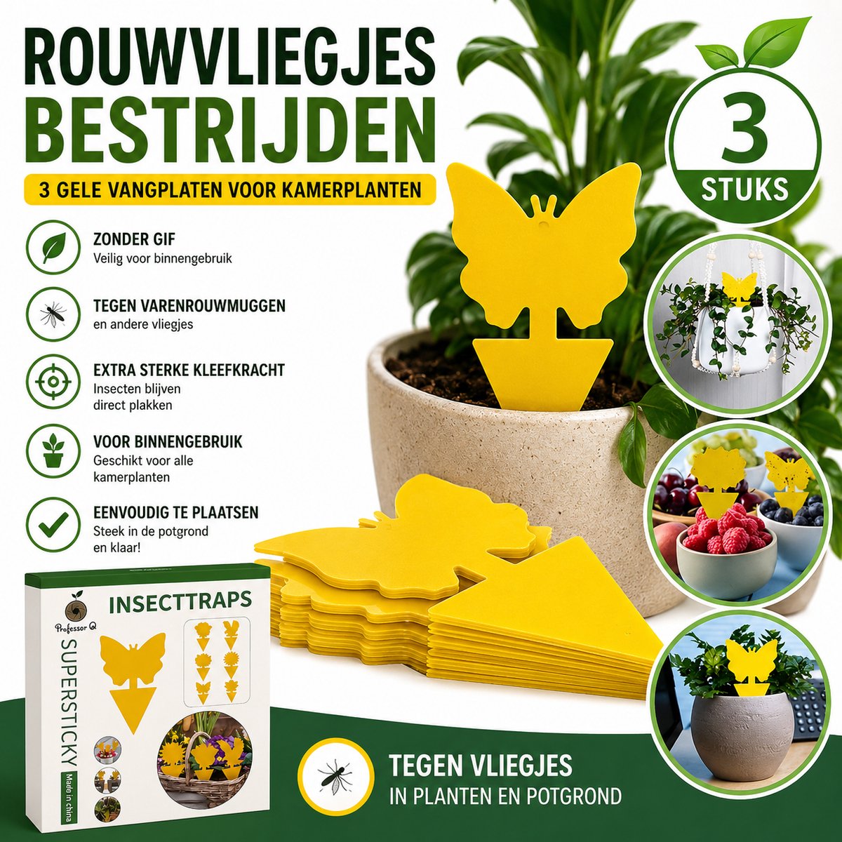 Rouwvliegjes Bestrijden – 3x Gele Vangplaten Vlinder – Tegen Varenrouwmug, Fruitvliegjes & Vliegjes in Potgrond – Voor Kamerplanten