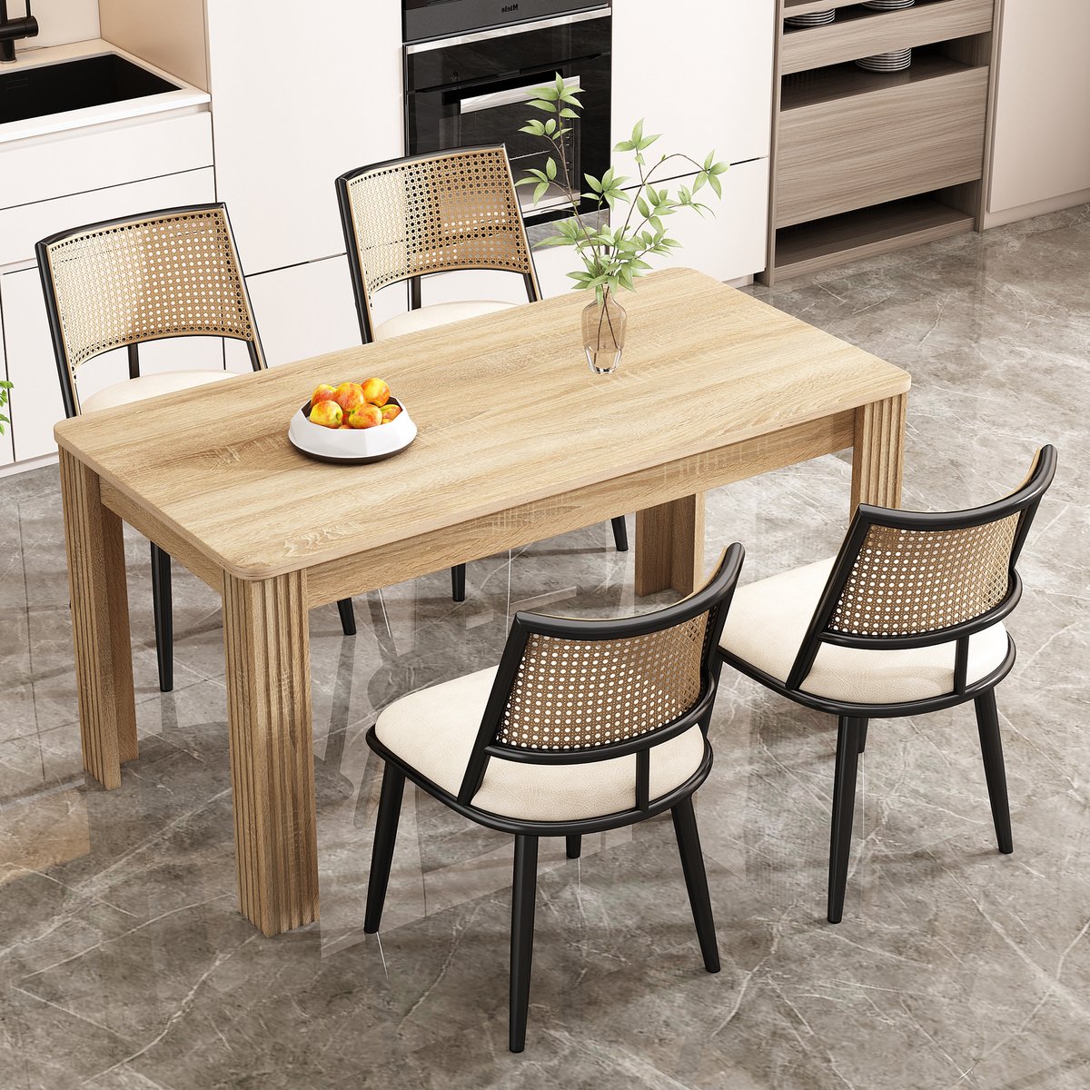 FloraGrace Eetkamerstoel – Set Van 4 Met PU Zitting En Rotan Rugleuning – Metaal Onderstel – Voor Eetkamer Woonkamer Slaapkamer – Zwart