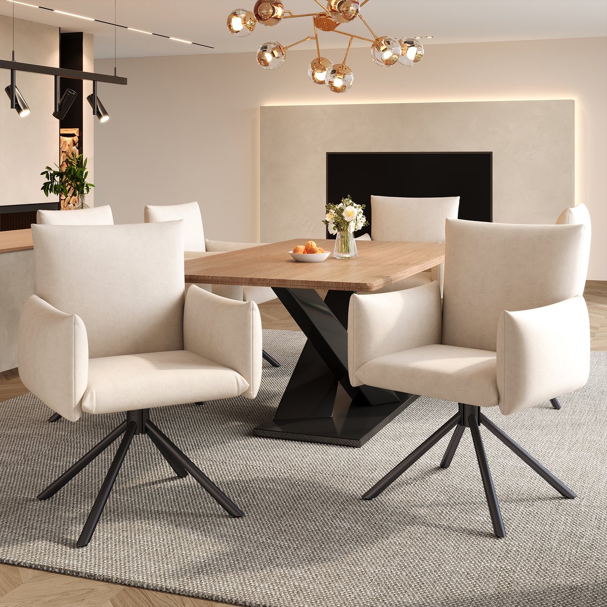 FloraGrace Eetkamerstoel – 360 Graden Draaibaar, Set Van 6 – Velvet Zitting Met Metalen Poten – Met Armleuningen – Beige