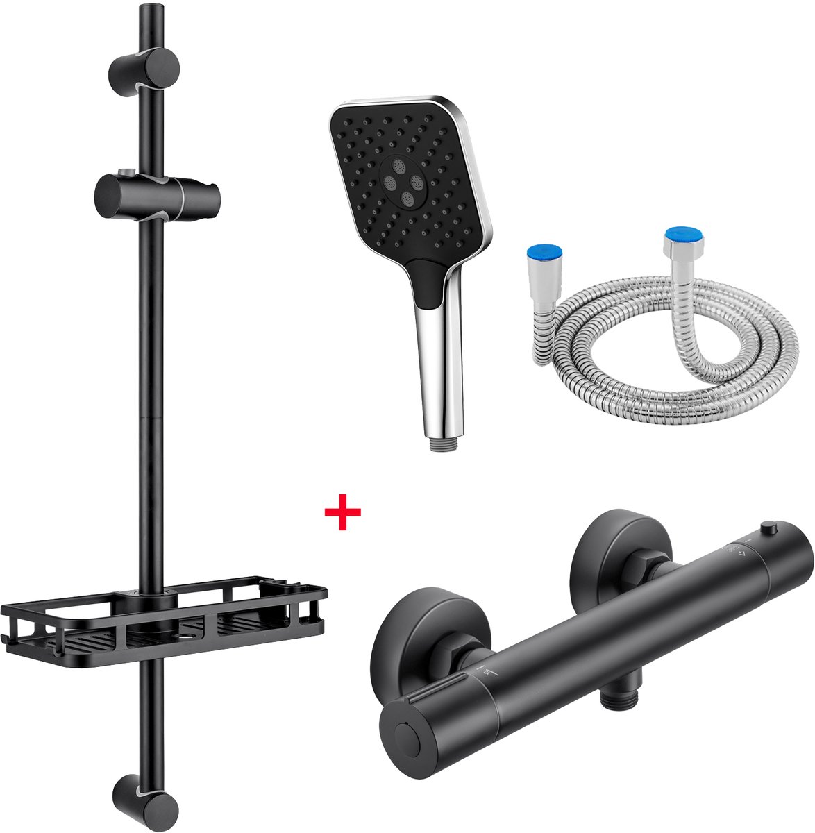 Auralum Max Thermostatische Douchekraan - Doucheset - 15 cm Hartafstand - 70 cm Verstelbaar Glijstang met Plank - 3 Standen Douchekop - 150 cm Doucheslang - Waterbesparend - Zwart+Chroom