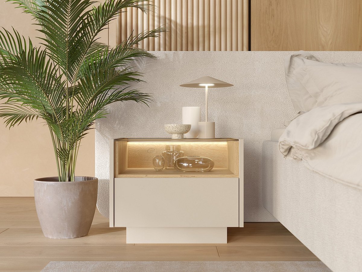 Vente-unique Nachtkastje 1 lade en 1 nis - Met leds - Beige en licht naturel - ALIVENTO