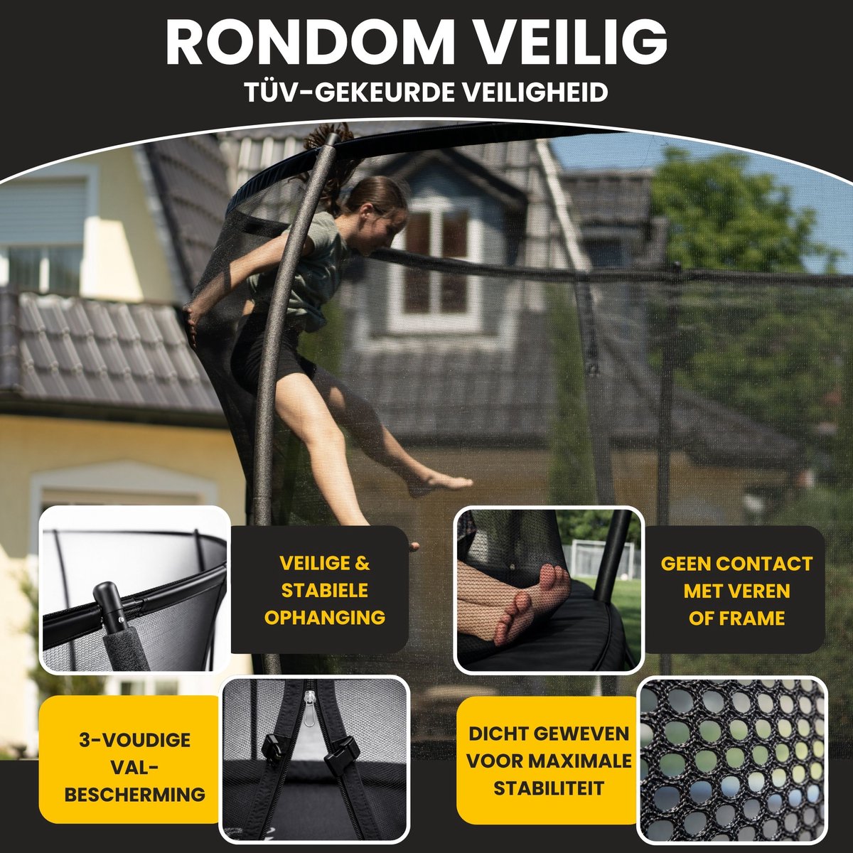 Zero Gravity trampoline 366x244cm rechthoekige – kindertrampoline met slim opvouwbaar veiligheidsnet – incl. ladder en grondankers – max. 130 kg - rechthoekige/ovale tuintrampoline - Ultima 5 Black Edition — afbeelding 4