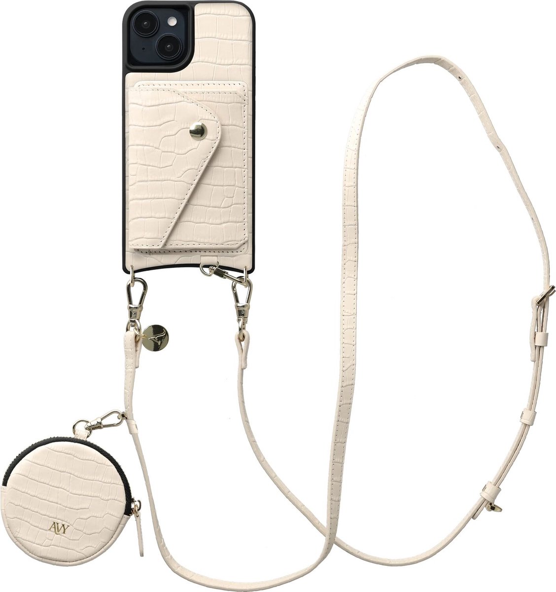 AVY Leren Hoesje geschikt voor Apple iPhone 14 / 13 | Met Koord, Wallet en Pouch | Compatibel met MagSafe | Leather Case met 130CM Koord | Long Leather | Croco Beige