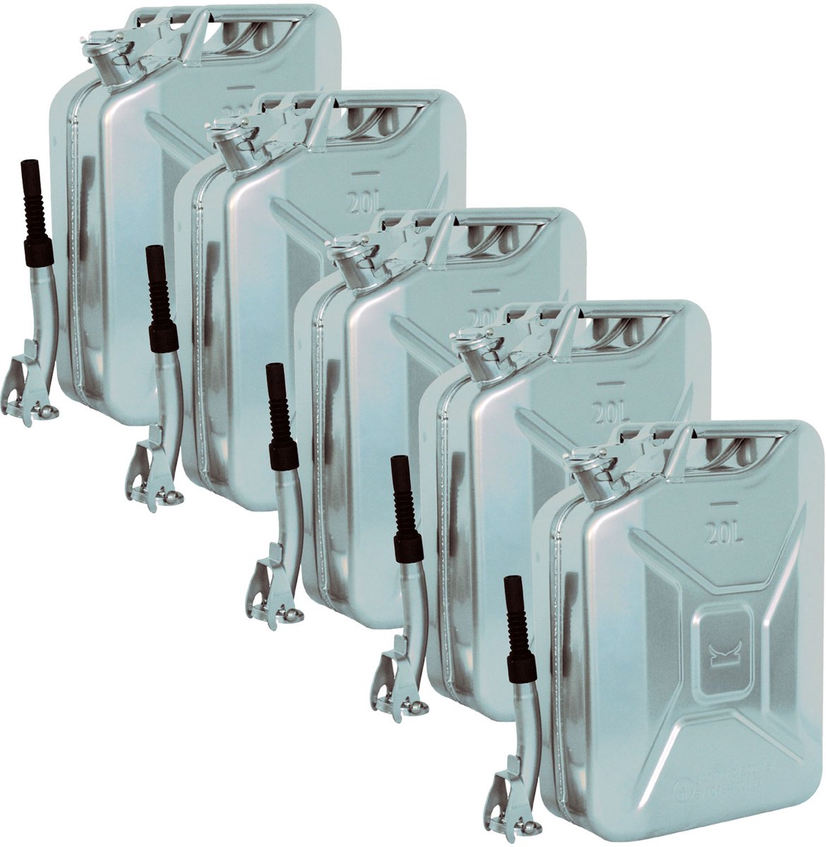TRUTZHOLM - Metalen Jerrycan Set van 5 - 20 Liter - Zilver - Incl. Schenktuit & Houder - Benzine - Diesel - Stalen Brandstofkan