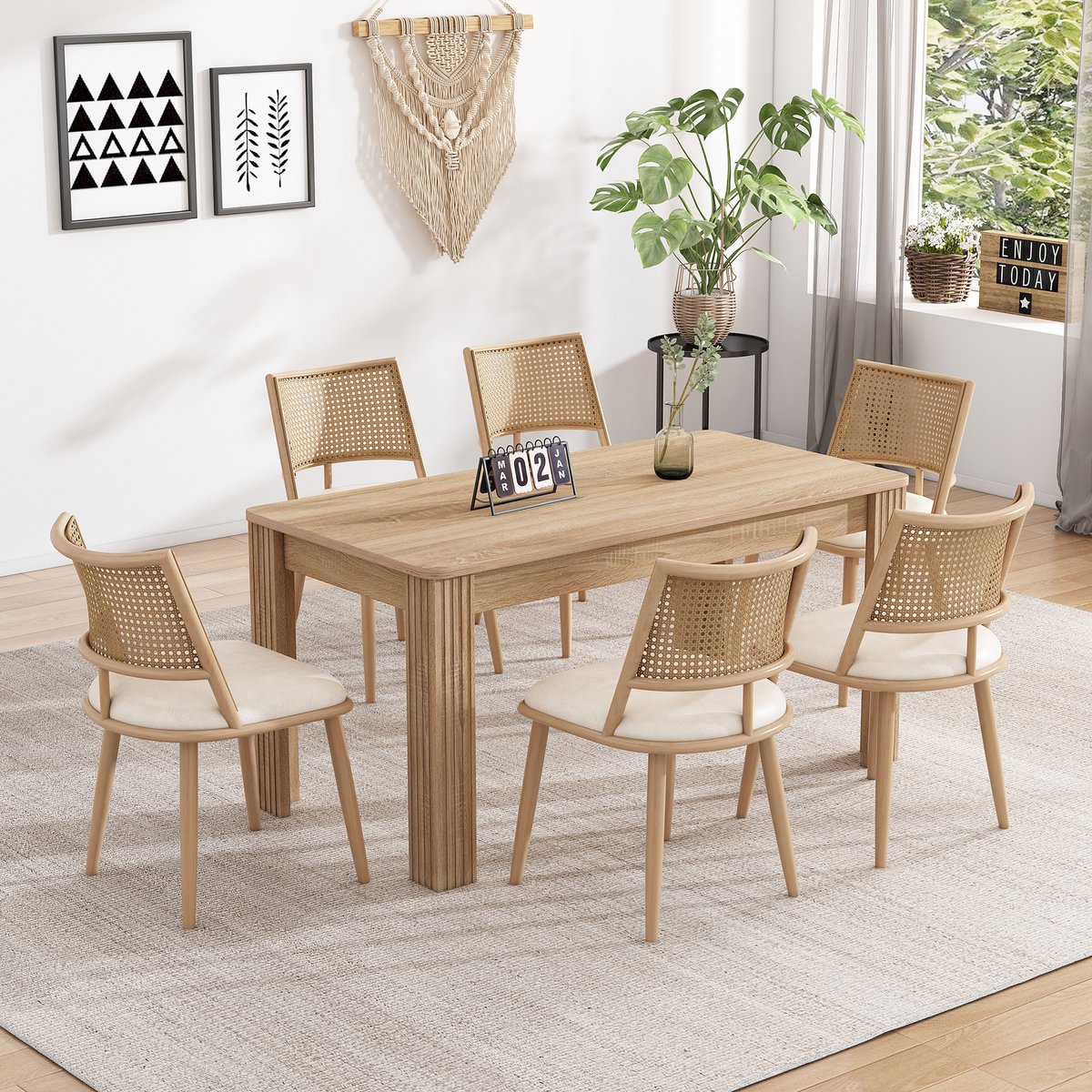 OKWISH Eetkamerstoel – Set Van 6 Met Rattan Rugleuning En PU Zitting – Licht En Comfortabel – Voor Eetkamer – Beige