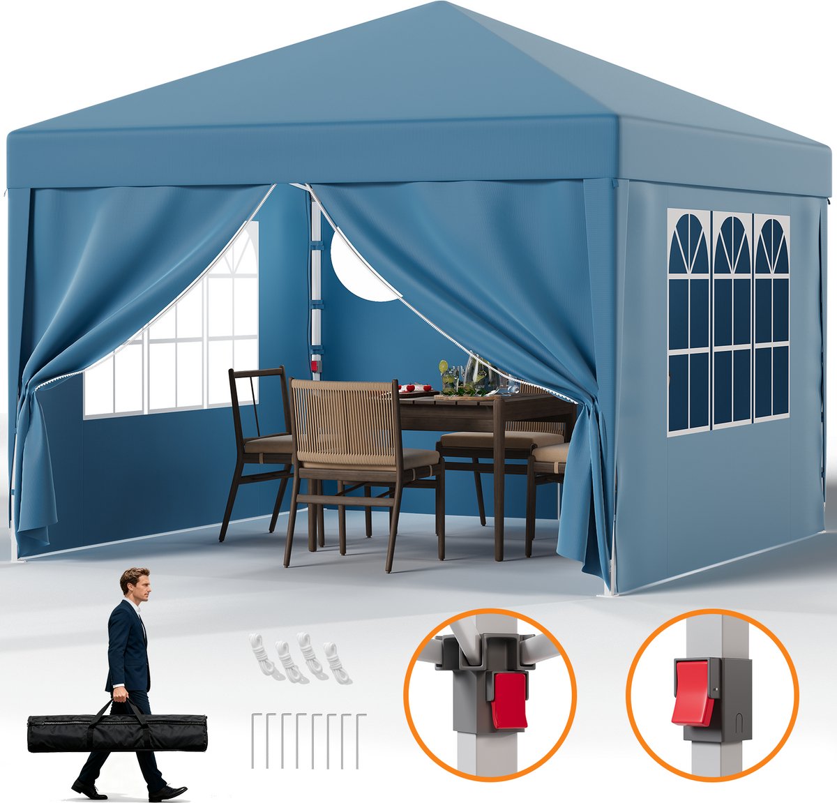 Devoko Partytent-Opvouwbaar Tuinpaviljoen 3x3 m met Zijwanden–Waterdicht & UV-bestendig–opbergtas–30 seconden pop-up opzet–Blauw