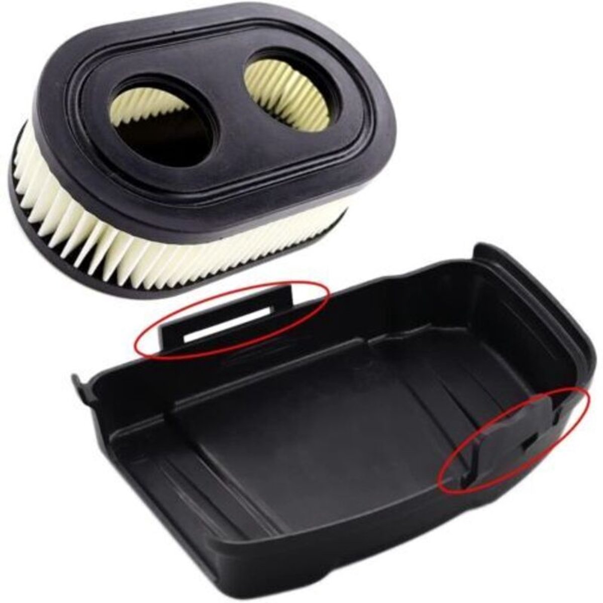 Luchtfilterkappen en luchtfilters geschikt voor Briggs & Stratton 650EXI, 675EXI en 675IS grasmaaiers. geschikt voor onderdeelnummers 594575 en 798452 (dit model heeft twee soorten filterkappen, beide geschikt voor 2 kliksluitingen).