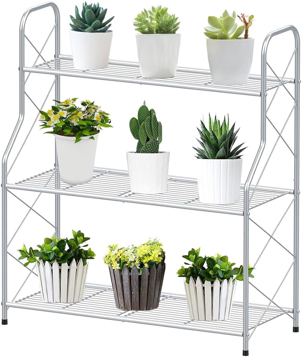 Famanu – Plantenrek van metaal met 3 niveaus, multifunctionele bloemenstandaard voor binnen en buiten, zilver