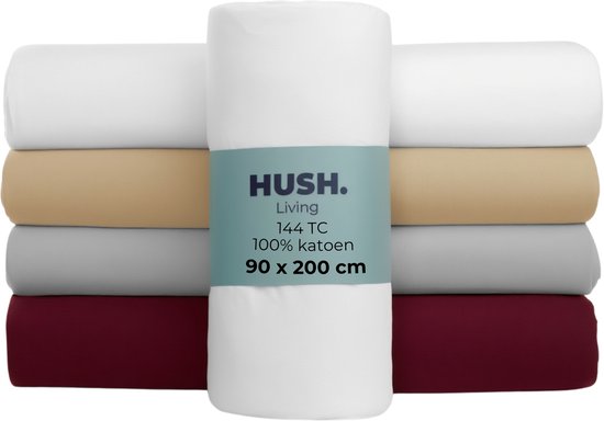 HUSH Living Hoeslaken 100% katoen, 144TC, soepel en ademend - elastiek rondom - 90x200+30cm - wit