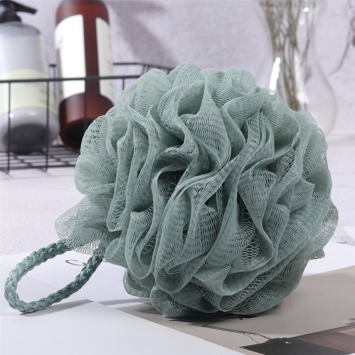 1 stuk wasbare badbal van mesh-schuim, kleurrijke loofah douchescrubber voor diepe reiniging en verzachting van de huid, zachte badspons voor milde exfoliatie, badbal voor mannen/vrouwen, Donkergroen