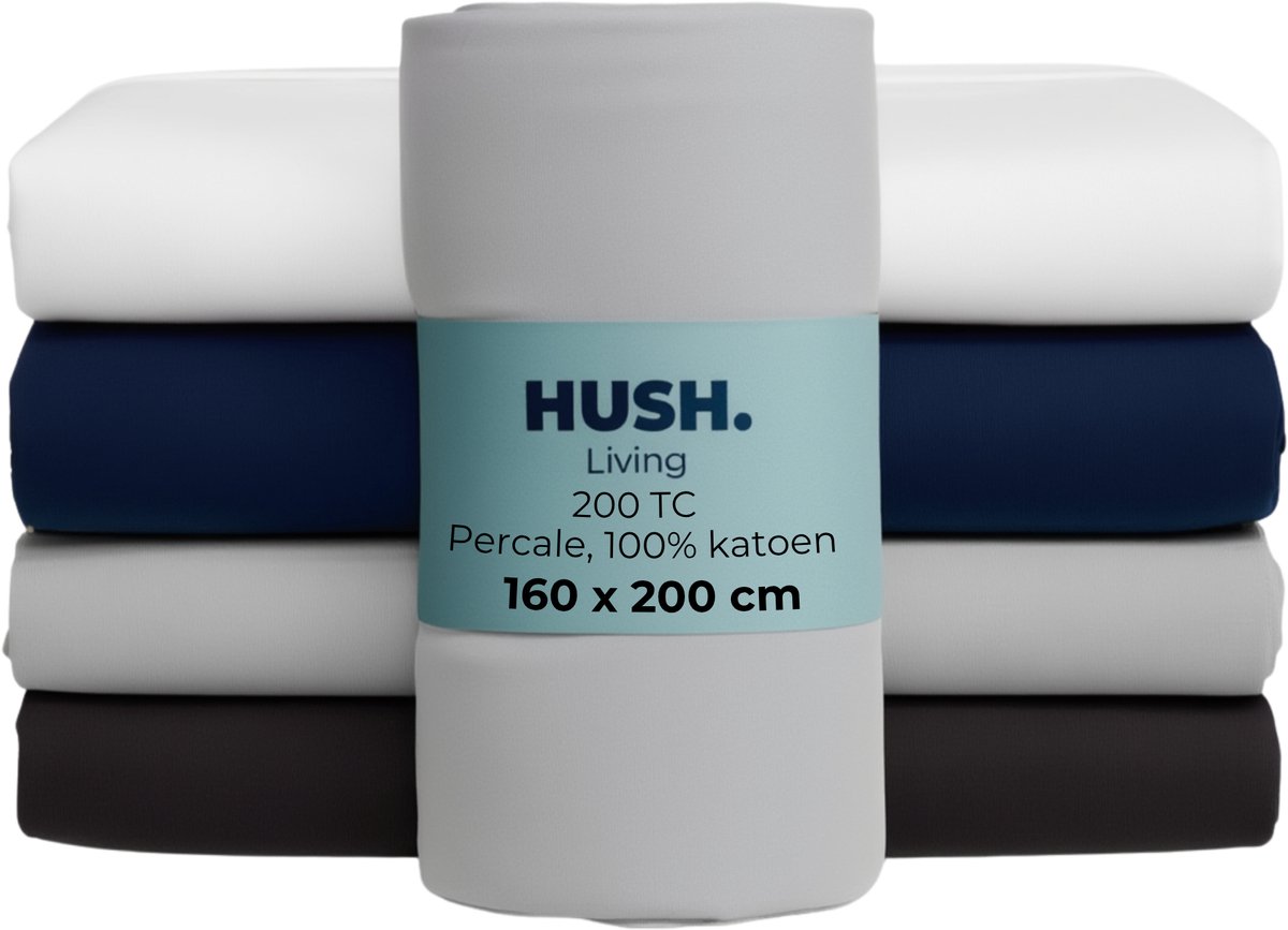 HUSH Living Hoeslaken percale - 100% katoen - 200TC - extra fris en koel - sterk en slijtvast - elastiek rondom - 160x200+30cm - lichtgrijs
