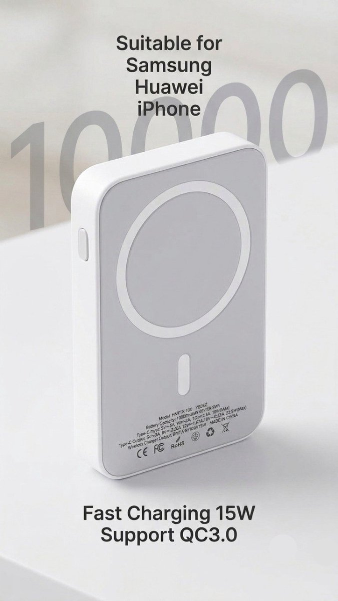 Draadloze Magnetische Powerbank (10.000 mAh) Snel en Stijvol Opladen voor Samsung, Huawei, iPhones