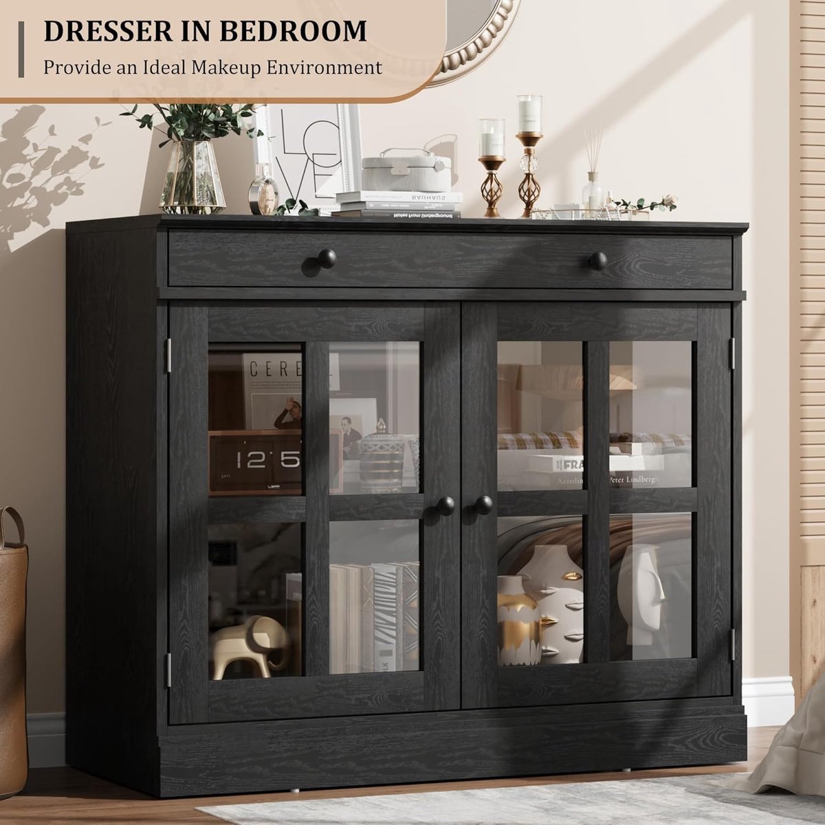 HOERFURIY Modern buffetkast met 2 glazen deuren en een lade – verstelbare plank – opbergkast/consoletafel voor keuken, eetkamer, hal en woonkamer – 90 × 78 × 40 cm – zwart