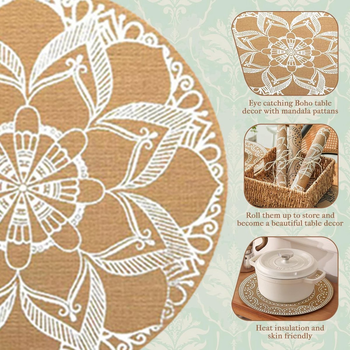 Placemat - Bohemian Ronde Placemat Set - Wasbaar Hittebestendig en Waterdicht - Mandala Jute Tafelmat - Geschikt voor Koffiemachine en Eettafel - Zijdeprint Licht Luxe - Set van 6 Stuks — cadeau in Wonen & Interieur - foto 5