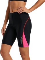 Zwarte fietsbroek voor dames met roze accenten aan de zijkant. Het logo "RAMBUX" is op de linkerpijp geplaatst.