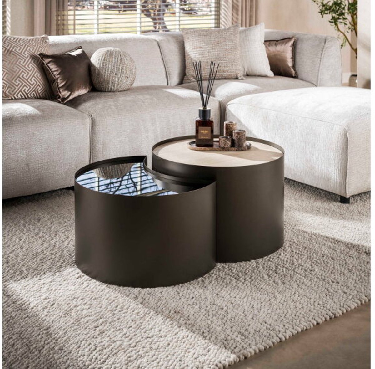 Meubelplaats Salontafel Metal half moon set/2 - 3D keramiek travertin Naturel