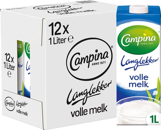 Campina Langlekker – Volle Melk – Houdbaar – 12 x 1 L – Voordeelverpakking