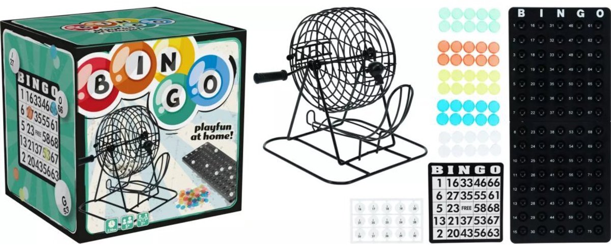Zwarte Bingomolen met Speelbord Bingokaarten en Fiches