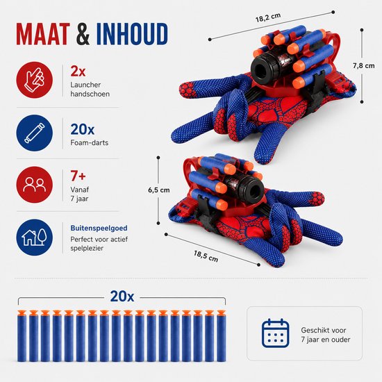 Twee Spidey handschoenen met dartladers. Afmetingen: 18.2cm breed, 7.8cm hoog en 6.5cm hoog. 20x foam-darts.