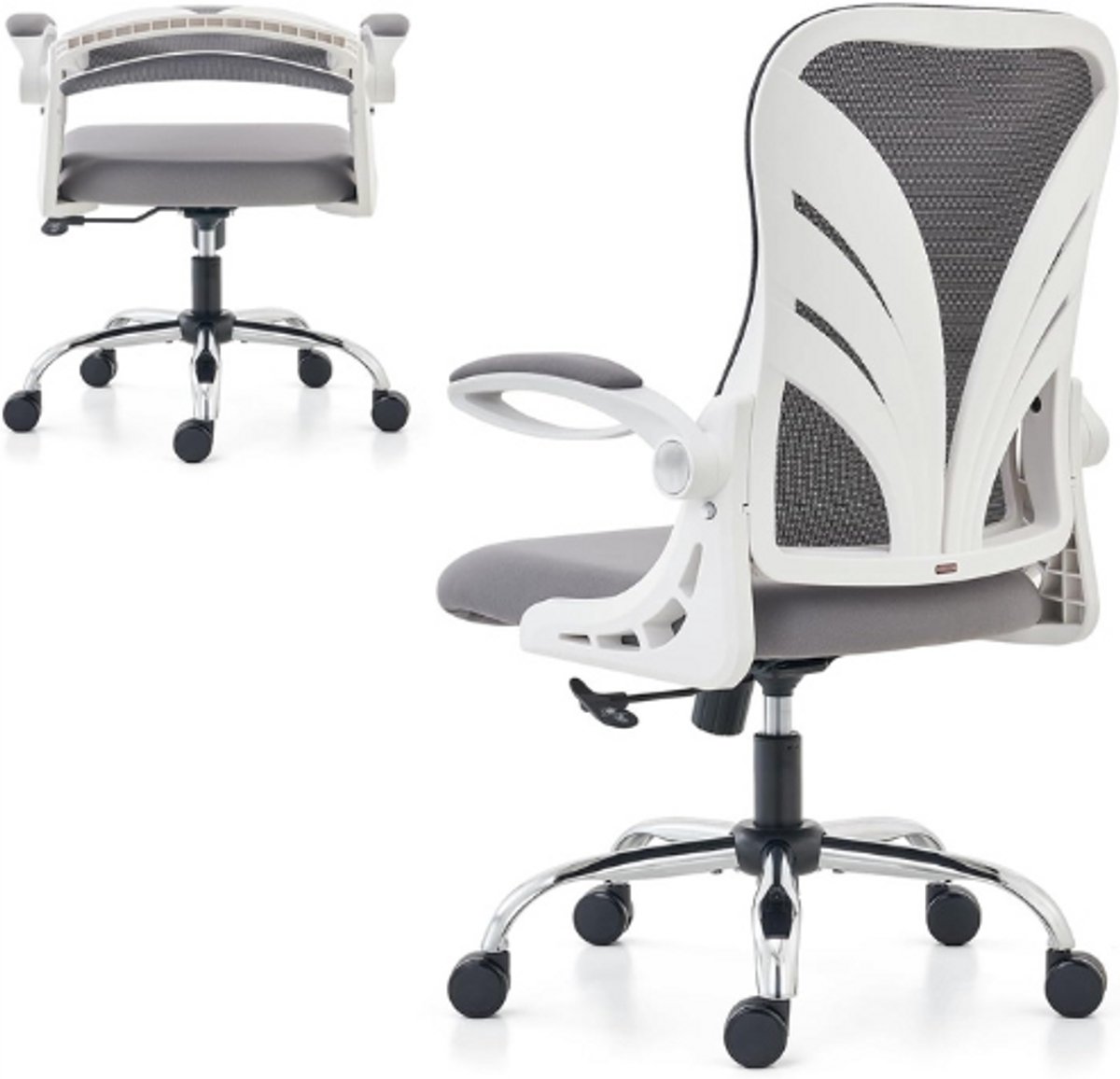 HOLLUDLE Ergonomische bureaustoel met opvouwbare rugleuning, computerbureaustoel met opklapbare armleuningen, mesh lendensteun en kantelfunctie, grote en hoge bureaustoel, wit