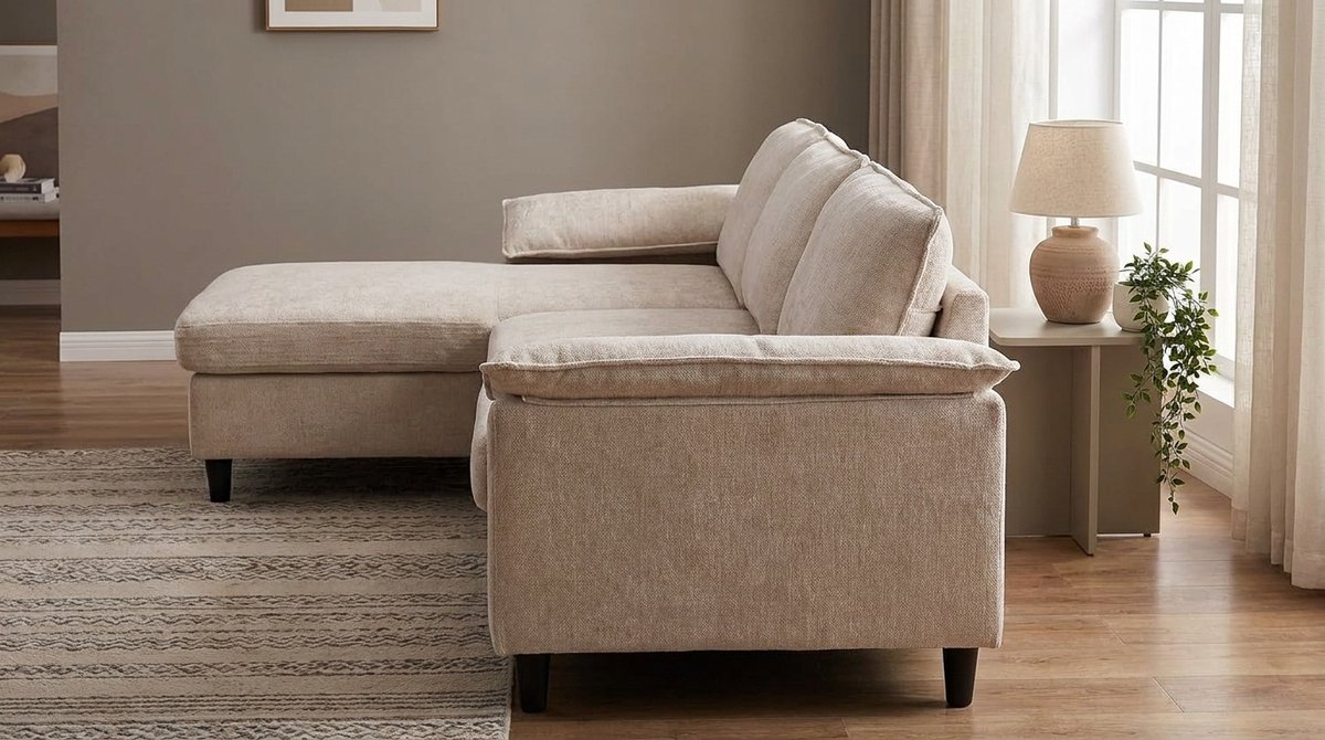 loungeset Hoekbank L-vorm met Chaise Longue – Arqam Luxe 3-Zits Sofa Beige, Modulair Links/Rechts, Pocketvering Comfort Bank 229 cm
