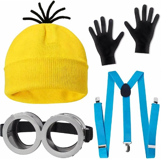 GoGoodies Minion Kostuum - Accessoires Set - Carnaval Verkleedkleding - Volwassenen - Bril Bretels Muts en Handschoenen