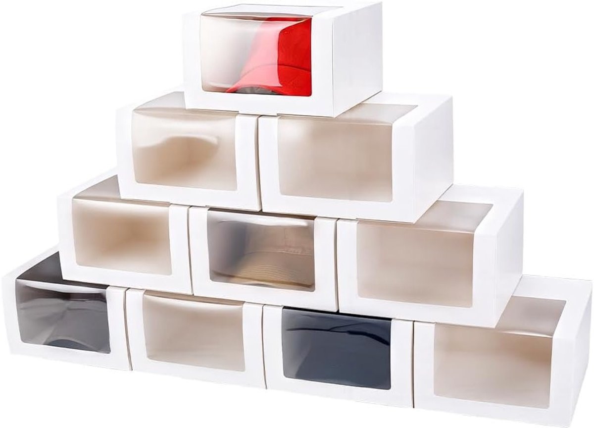 10 Stuks Cadeau Dozen met Venster voor Hoedopslag - Vierkante Hoedendozen voor Baseball Caps - Perfect voor Feestdagen en Verjaardagen, 19.5x19.5x12cm, Wit
