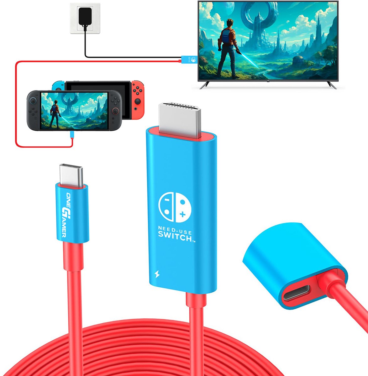 OneGamer® - USB C naar HDMI Adapter Kabel & Oplader Poort- Geschikt voor Nintendo Switch 2 & 1 & OLED - 4K@60Hz - PD 100W Opladen – Draagbaar