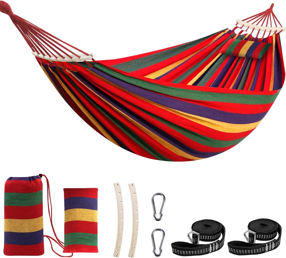 Hangmat - Draagbaar met draagtas - 200 x 150 cm - Draagvermogen tot 300 kg - Rode strepen - Hangmat met Spreidstok - Weerbestendig - Hangmatten Camping - hangmat 2 persoons - Kussen 2 stevige riemen 2 karabiners - van Imperatoris