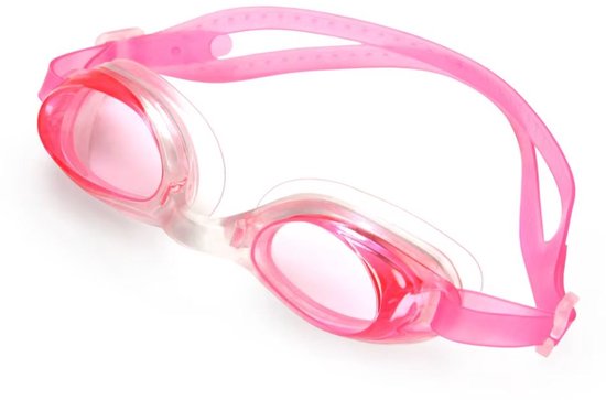 Roze zwembril met transparant montuur en roze glazen. Band is van transparant plastic.