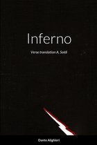 Couverture brun foncé avec les lettres blanches 'Inferno' et 'Verse translation A. Soldi'. En bas, un éclair rouge et blanc. Écrit par Dante Alighieri.