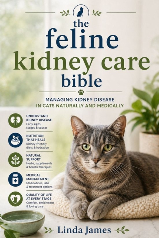 De cover van 'The feline kidney care bible', met een grijze cyperse kat op een kussen. Tekst: 'The feline kidney care bible', 'Managing kidney disease in cats naturally and medically', 'Linda James'.
