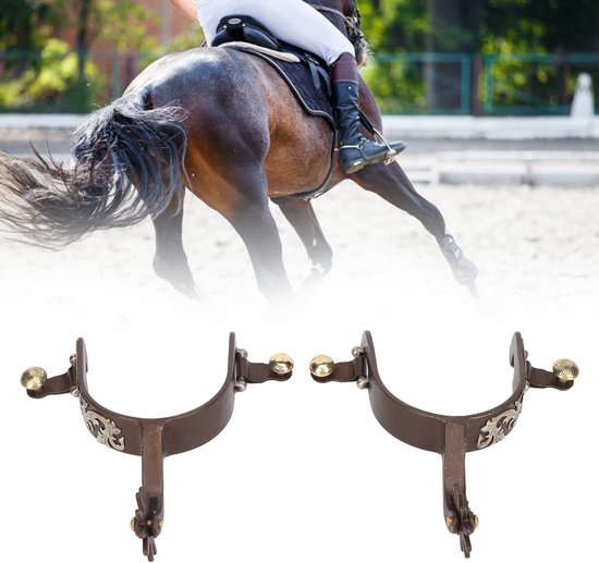 2 Pieces Western Cowboy SpursHandmade Genuine Leather Equestrian Spur with Swivel Gear, Spur Strap Vintage Bronze Low Carbon Steel Riding Accessories for Horse van Merkloos	 — afbeelding 5