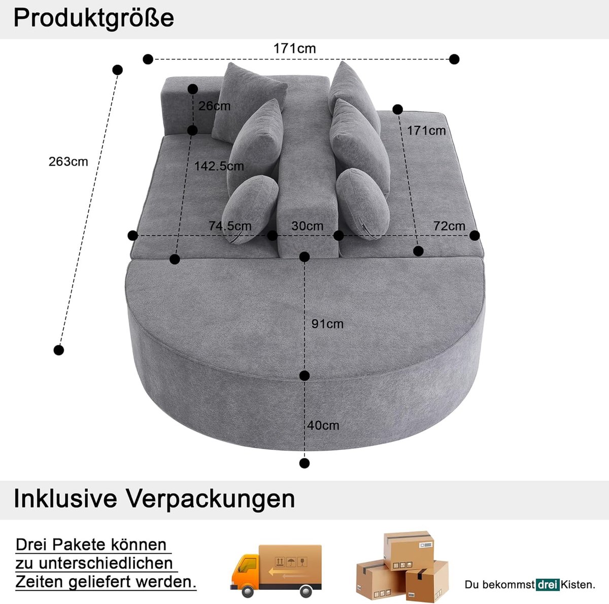 Slaapbank 5-zits L-vorm modulair cloud couch – Arqam CloudNova Boneless Sofa 263x171 cm – moderne chenille bank zonder frame, diepe zit, slaapfunctie, grijs – luxe cloudbank woonkamer
