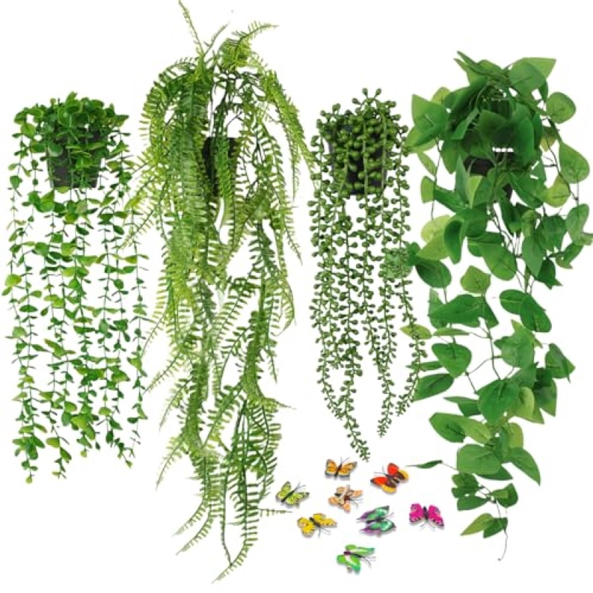 PromoHome Set van 4 kunstmatige hangplanten met potten – nepklimop voor binnen en buiten, muurdecoratie