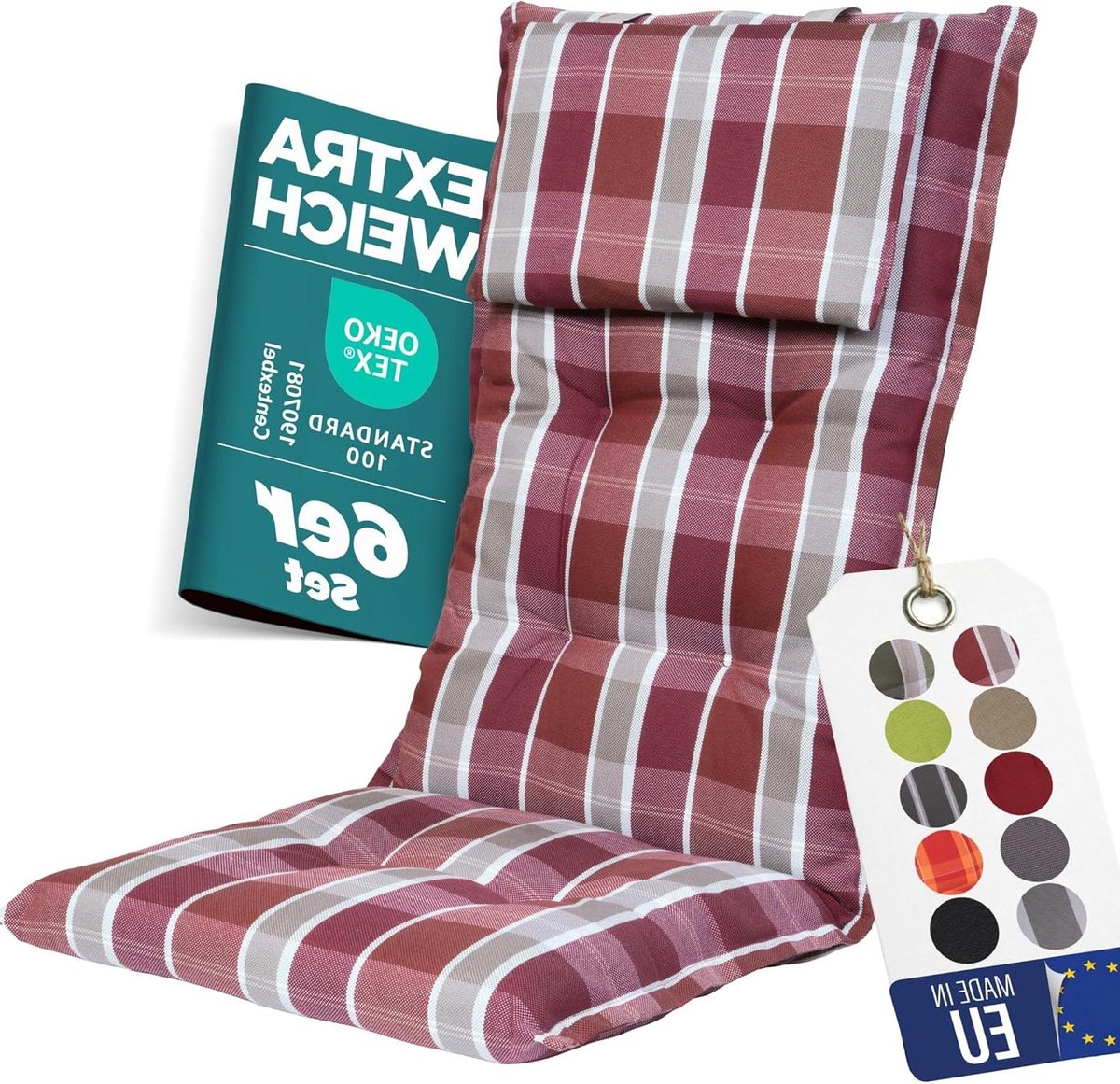 Tuinstoelkussens Hoge Rugleuning - Stoelkussens Set - Comfortabel Zitten - Extra Hoge Lichtechtheid - 6 stuks - Rood Geruit Pastel