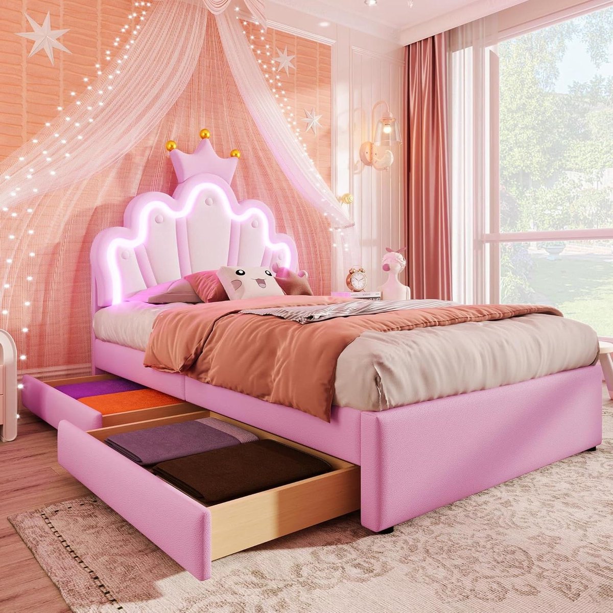Gestoffeerd Eenpersoonsbed - Ladenbed Prinsessenbed - Slaapkamer Inrichten - Verstelbaar Hoofdeinde Kroonvorm - 90x200 cm - Roze