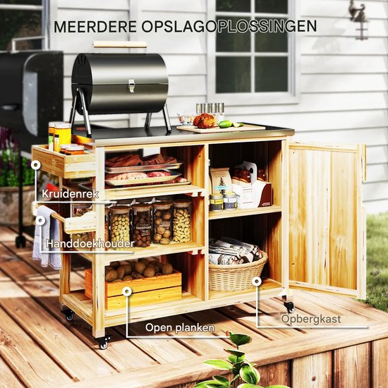 Buitenkeuken op Wielen – BBQ Trolley – Met Opbergkast & Planken – Werktafel voor Buiten – Hout & Metaal – Multifunctioneel – Natuurlijk hout — afbeelding 4