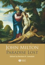 Couverture du livre "Paradise Lost" de John Milton, représentant un homme en robe bleue parlant à une femme, avec une autre personne allongée.