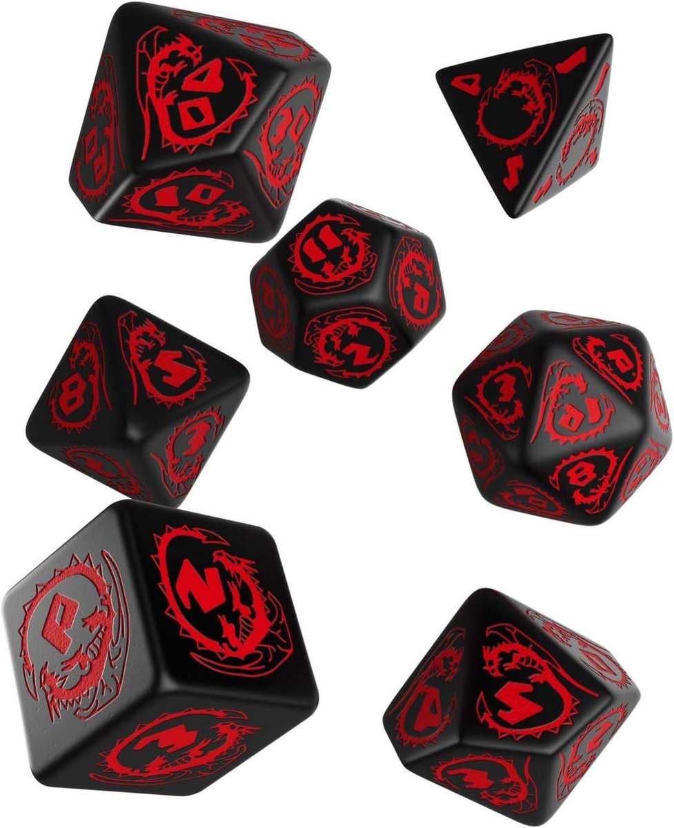 RPG Dobbelstenen Set - Veelvlakke Dobbelstenen - Rollenspel Avonturen - Gesneden Gravures - 7 Stuks - Zwart Rood