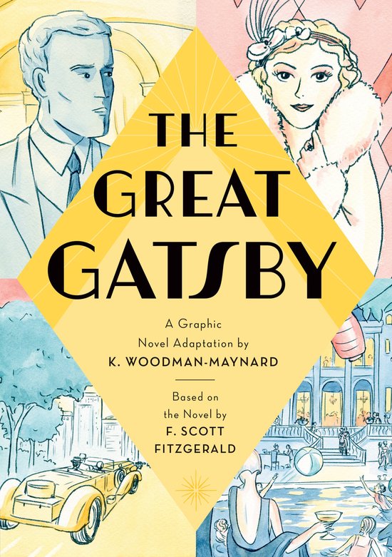 Illustratie voor 'The Great Gatsby' met tekst. Een man en een vrouw uit de jaren 1920, een gele auto en een Art Deco-huis.