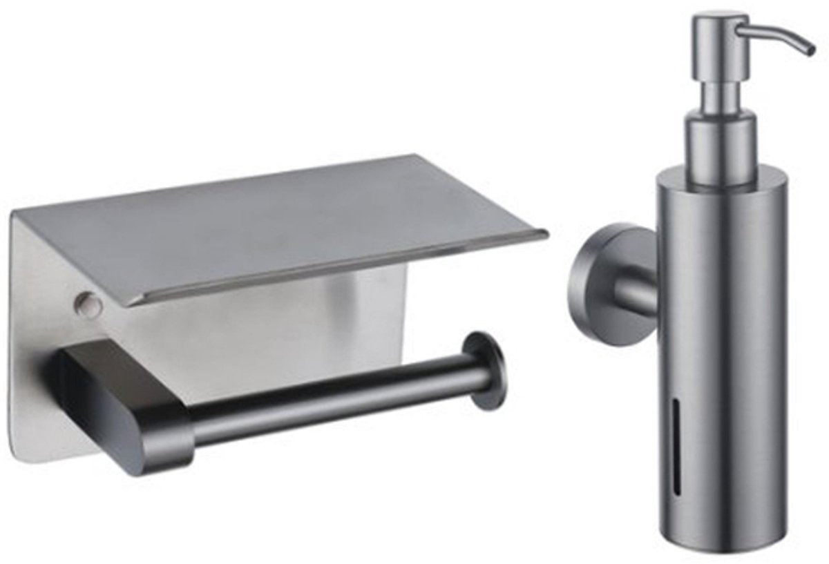 FugaFlow Eccelente Acces toilet accessoireset - zeepdispenser - toiletrolhouder - met plateau - geborsteld gunmetal