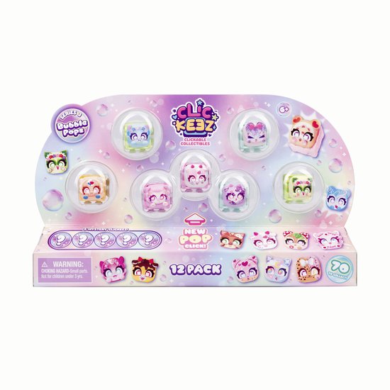 Een display met 12 Clickeez bubbelpoptjes in bubbelverpakking, met pastelkleurige achtergrond.