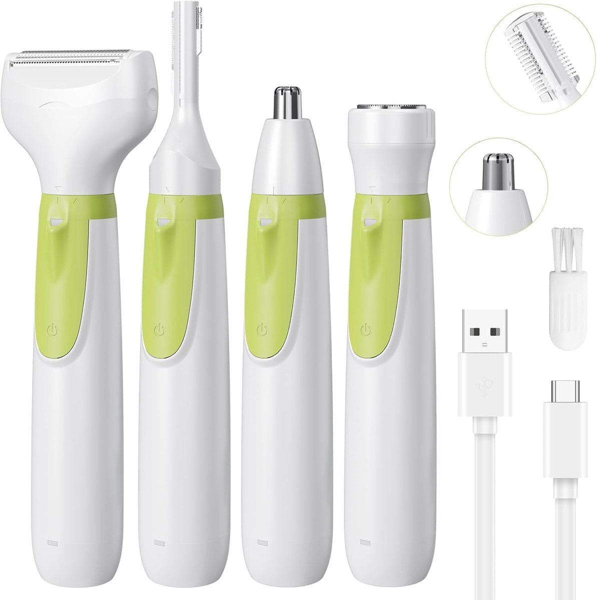 Elektrisch scheerapparaat voor vrouwen, 4-in-1 elektrische epilator, nat/droog bikinitrimmer en gezichtshaarverwijderaar, wenkbrauwtrimmer, neushaartrimmer, oplaadbare lichaamshaarverwijderaar