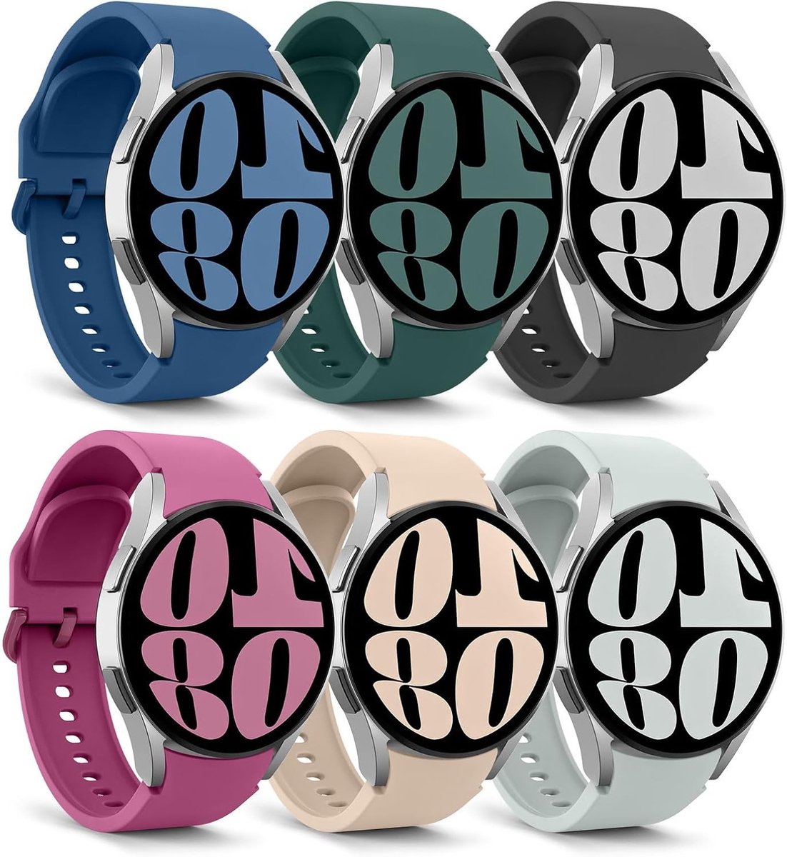 Set van 6 Zachte Siliconen Sportbanden voor Samsung Galaxy Watch 6/5/4 - Multicolor, Verstelbaar en Duurzaam, Ideaal voor Sport en Dagelijks Gebruik