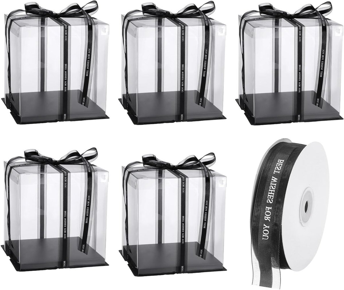 Transparante hoge taartdozen, 5 stuks, 22,9 x 22,9 x 22,9 cm, ideaal voor verjaardag, feest en bruiloft, met band (zwart)