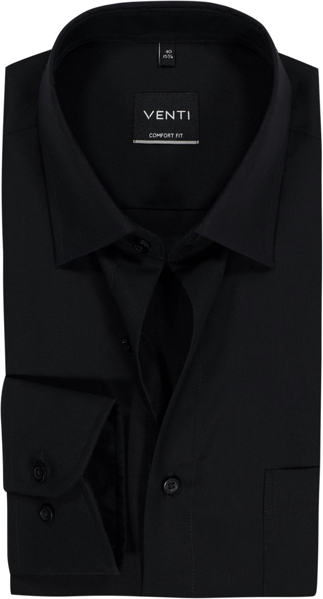 VENTI CASA MODA comfort fit overhemd - structuur - zwart - Strijkvrij - Boordmaat: 38